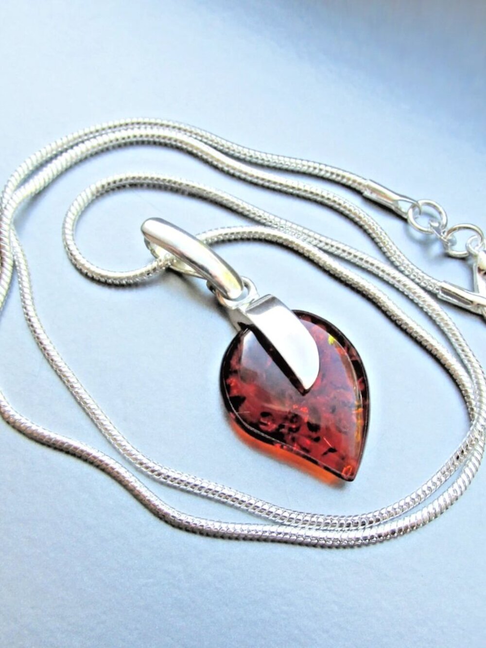 Vintage VALERIO Poland Sterling Silver AMBER Leaf Pendant Necklace